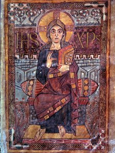 Carolingian Art: Christ in majesty. Miniature from the manuscript Evangeliaire de Godescalc, Ecole du Palais de Charlemagne (folio 3) copy by Godescalc from the tresor of Saint-Sernin de Toulouse, Bibliotheque du Louvre, 781-783. BN, Paris by School Carolingian