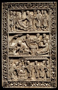 Carolingian Art: miracle of the Holy Bulb, ivory diptych depicting at the top, the resurrection of a young girl, in the centre a sick baptism, at the bottom the baptism of Clovis I (466-511) in the presence of Queen Clothilde on 25/12/498. 9th century. Ami by School Carolingian