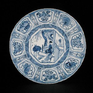 Blue and white kraak dish painted with a lady and a deer, Wanli by School Chinese