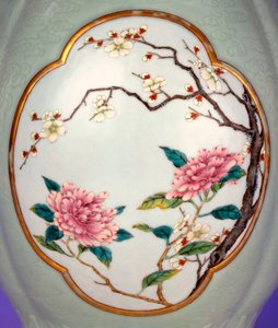 Detail of a Fine and Very Rare Famille Rose Celadon-Ground Vase with a Gilt Outlined Enamel of Prunus and Roses (detail) by School Chinese
