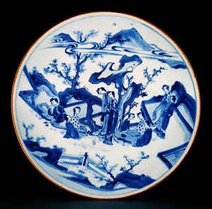 Dish painted in underglaze blue with figures of ladies, Transitional period, c.1640 by School Chinese