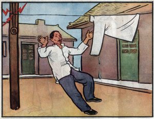Drawing, the Danger of Electrocution by Putting Wet Laundry on Electrical Cables. Illustration in 