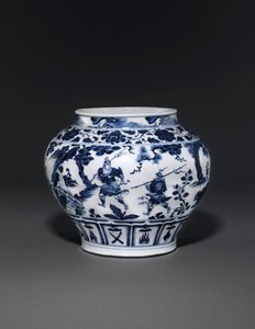 Exceptionally rare and important blue and white jar, Guan Yuan Dynasty, mid 14th century by School Chinese