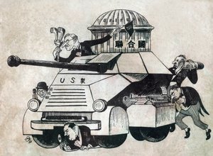 "Made in U.S." weapon tank led by the permanent members (France, England, United States, USSR and China) Caricature, in "Satirical Drawings", Pekin