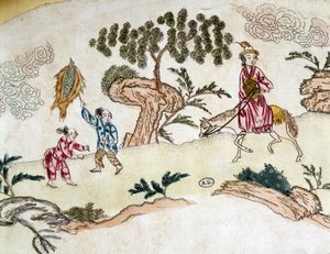 Noble woman on horseback and children playing kite - Chinese print, circa 1800 by School Chinese