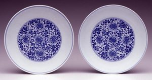 Pair of Saucer Dishes, with Stylised Lotus Flowers, Yongzheng Mark and Period 1723-35