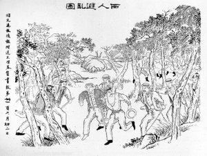 Revolt of the Boxers: Europeans fleeing from the Boxers. Illustration published in the 