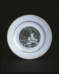 White plate bordered in gold and red with woman by School Chinese