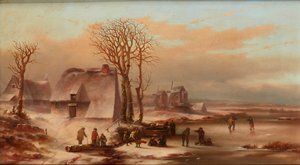 A Winter Landscape with Figures on a Frozen Lake by School Dutch