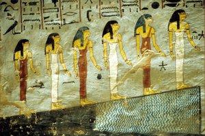Ancient Egypt, Painting, Tomb of Rameses I, Thebes, Six goddesses representing the first six hours of the night, ascending a mountain beneath which is a pond by School Egyptian