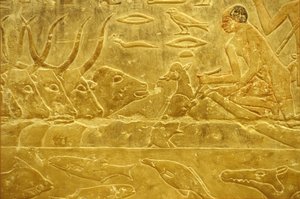 Ancient Egypt, Wall Carving/Painting, Mastaba/Tomb of Idout, Saqqara, 6th Dynasty, Cattle Fording a River, Man Helping a Calf Across a River, Mother Watching