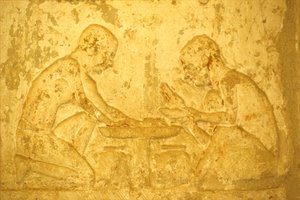 Ancient Egypt, Wall Carving/Painting, Tomb of Petosiris, Tuna el Gebel, 300 BC, Men Making Unguent Medicines