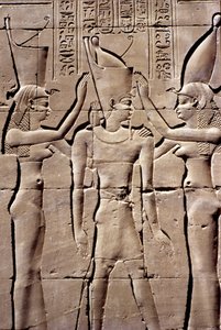 Ancient Egypt, Wall painting/carving, A King receives the double crown from Isis and Nephthys, Temple of Horus, Edfu by School Egyptian