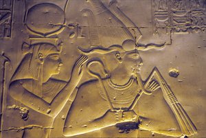 Ancient Egypt, Goddess Isis Embraces Her Seated Husband, Osiris, Temple of Seti I, Abydos by School Egyptian