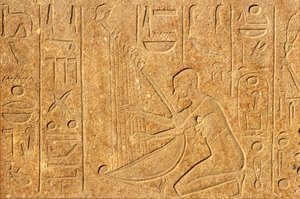 Ancient Egypt, Wall Painting/Carving, Harpist with Head of Hatshepsut at Top of Harp, Karnak Temple, Luxor