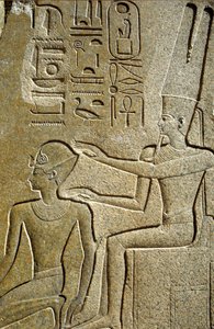 Ancient Egypt, Wall painting/carving, Hatshepsut being blessed by Amon Ra, Karnak Temple, Luxor by School Egyptian