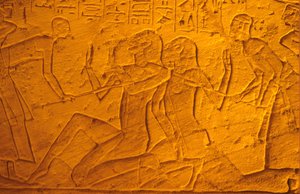Ancient Egypt, Wall Painting/Carving, Hittite Prisoners Being Beaten with Sticks, Temple of Rameses II and Nefertari, Abu Simbel by School Egyptian