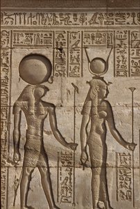 Wall painting/carving, Horus and Isis receive an offering from the pharaoh, Temple of Hathor, Dendera by School Egyptian