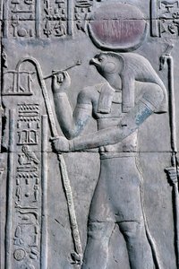 Ancient Egypt, Wall painting/carving, Horus writes on papyrus scroll, Temple of Sebek and Horus, Kom Ombo by School Egyptian