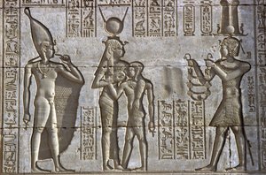 Ancient Egypt, Wall Painting/Carving, Isis Suckles the Young Pharaoh in the Presence of the Divine Infant Ihy, whilst the Pharaoh Makes an Offering, Temple of Hathor, Dendera by School Egyptian