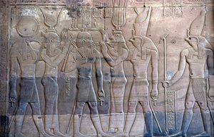 Ancient Egypt, Wall painting/carving, Ptolemy XIII being presented to Horus, Sebek and Horus Temple, Kom Ombo by School Egyptian
