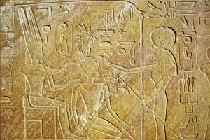 Wall painting/carving, Sakhmet addresses Amon Ra and Hatshepsut, Karnak Temple, Luxor by School Egyptian