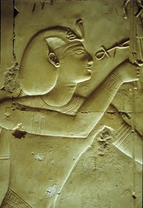 Ancient Egypt, Wall painting/carving, Seti I receiving life, symbolized by the ankh, Temple of Seti I, Abydos by School Egyptian