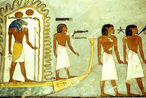 Wall painting/carving, Journey through the underworld boat drawn along by men, Tomb of Rameses I, Thebes