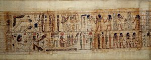Ancient Egyptian Art Mythological Papyrus of Serimen. On top: during the creation of the world, the god Geb (Earth) is separated from the goddess Nout (heaven); gods and genies from the on. Below: Serimen pays homage to the sun that is flooding with its ra by School Egyptian