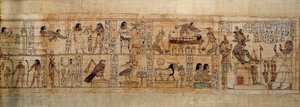 Ancient Egyptian Art Mythological Papyrus of Serimen. Top: Serimen loves the god Osiris represented by its emblem in the city of Abydos. The soul of the dead in the form of a bird flies over his mummy watched by the goddesses Isis (left) and Nephtys (right by School Egyptian