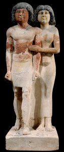 Egyptian antiquity: Limestone statue of Raherka and Meresankh couple. 5th dynasty. Old kingdom (around 2700-2200 BC). Paris, Louvre Museum by School Egyptian