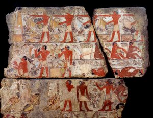 Egyptian antiquity: painting of the mastaba of Metchetchi. Scene of daily life (hunting, fishing, offering) in Egypt at the time of the 6th dynasty. 2400-2300 BC. From the site of Saqqara by School Egyptian