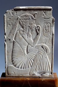 Egyptian antiquity: small limestone stele of Ramses II: the child king sits on the sign of the horizon. 19th dynasty. Paris, Louvre Museum by School Egyptian