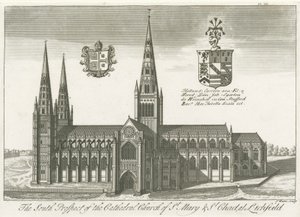 Lichfield Cathedral - South View: engraving by School English