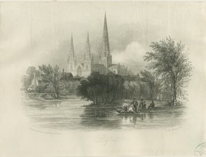 Lichfield Cathedral - South West View: engraving (vignetted), nd [c 1842]