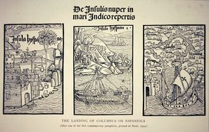 The landing of Columbus on Espaniola, after a contemporary pamphlet published at Basle in 1494 by School English