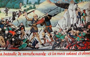 Death of the knight Roland, nephew of Charlemagne, at the Battle of Roncevaux (778). Miniature