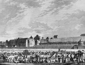 French Revolution: Death of Jean Sylvain Bailly on 12 November 1793 by guillotine, for having testified in favor of Marie Antoinette at his hearing, on the esplanade of the Champ de Mars in Paris. Paris, Library of the Institute of History of Revolution