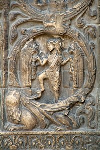 Gothic Art: Piedroit of the right-hand portal of the western facade of the Basilica of Saint Denis representing the work of the fields: January. Saint-Denis, France