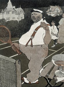 Tennis: fat man, smoking and drinking alcohol, playing tennis - German cartoon by School German