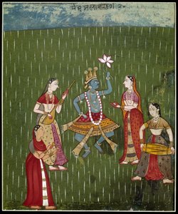 Goddess Krishna dancing in the rain with musicians
