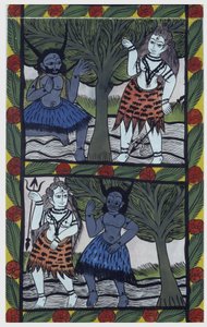 Kama, god of desire, sends a love arrow to Shiva in meditation, to unite with Parvati. Painted roll of the Bengal region, serving as a narrative medium for the singers Baoul (Baul). Leonard de Selva private collection.