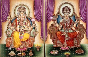 Lord Ganesh Ganpati Goddess and Lakshmi Miniature Painting on Ivory by School Indian