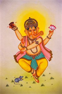 Lord Ganesha Ganpati in Dancing Mood Miniature Painting on Paper by School Indian