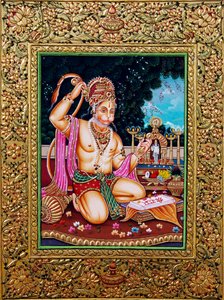 Lord Hanuman Miniature Painting Paper with Golden Embossing