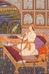 Miniature Painting of Mughal Prince Enjoying Hooka, India by School Indian