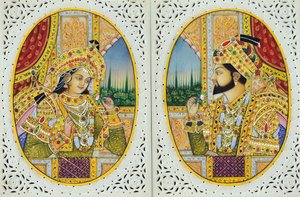 Miniature Painting of Shah Jahan with Wife Mumtaj Mahal by School Indian