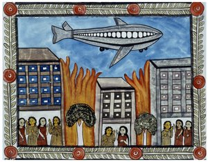 The story of the attacks of 11 September 2001 told by the peddlers Baul from Bengal. Painting, series, number 6/9, Bengal