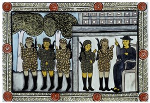 The story of the attacks of 11 September 2001 told by the peddlers Baul from Bengal. Painting, series, number 4/9, Bengal