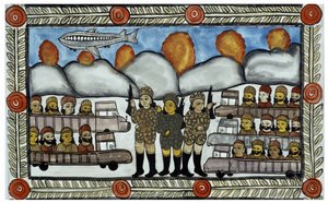 The story of the attacks of 11 September 2001 told by the peddlers Baul from Bengal. Painting, series, number 8/9, Bengal